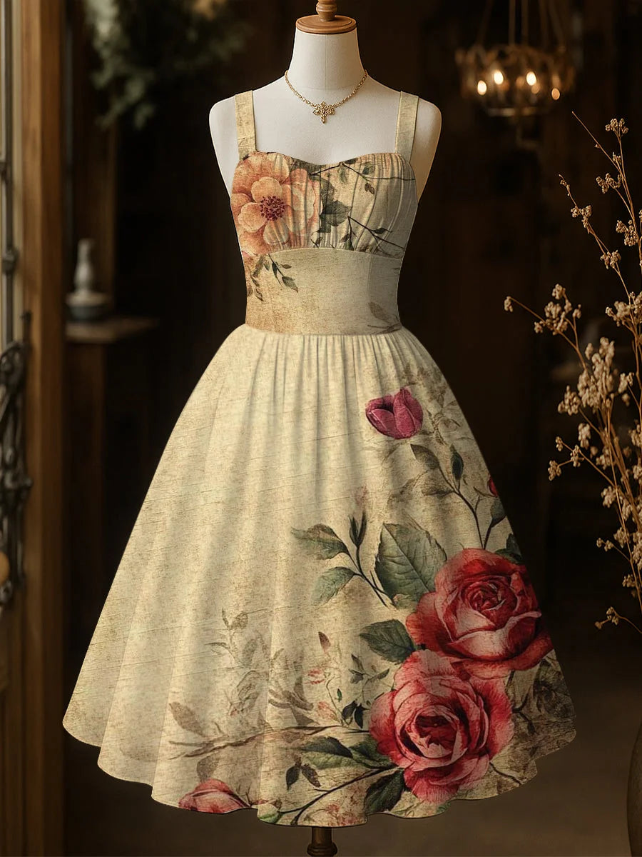 Floral Art Printed Vintage Round Neck Sleeveless Midi Dress